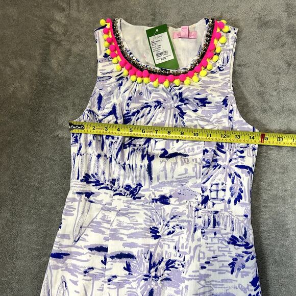 Lily Pulitzer Dress NWT Size 0 Purple Palm Print Pom Pom Trim Neckline - Picture 3 of 11